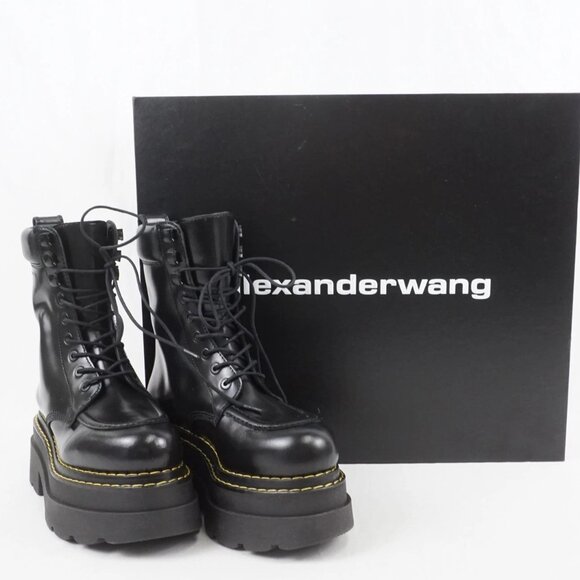 Alexander Wang Atlas Leather Lace-Up Platform Combat Rugged Boots in Black - Picture 2 of 16